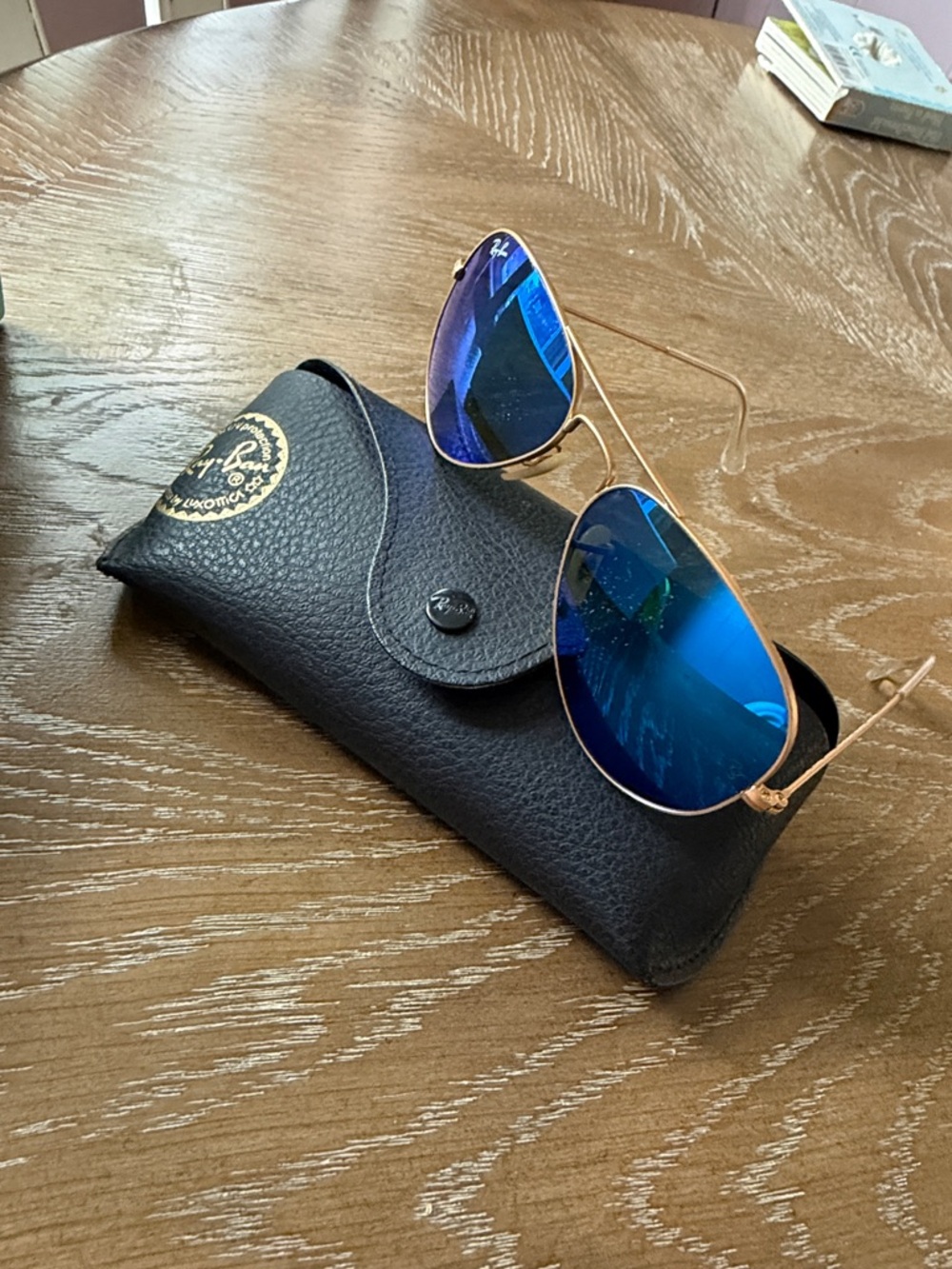 Ray-Ban Gold Frame Aviator Sunglasses with Blue Lenses